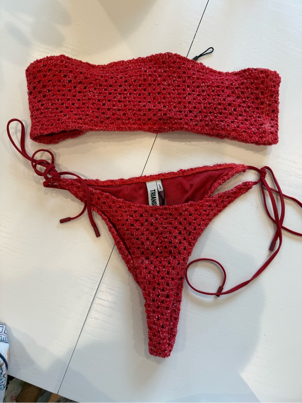 triangl swimwear Red Crochet Bandeau Bikini Set